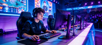 现代化电竞比赛现场选手在电脑前专注操作