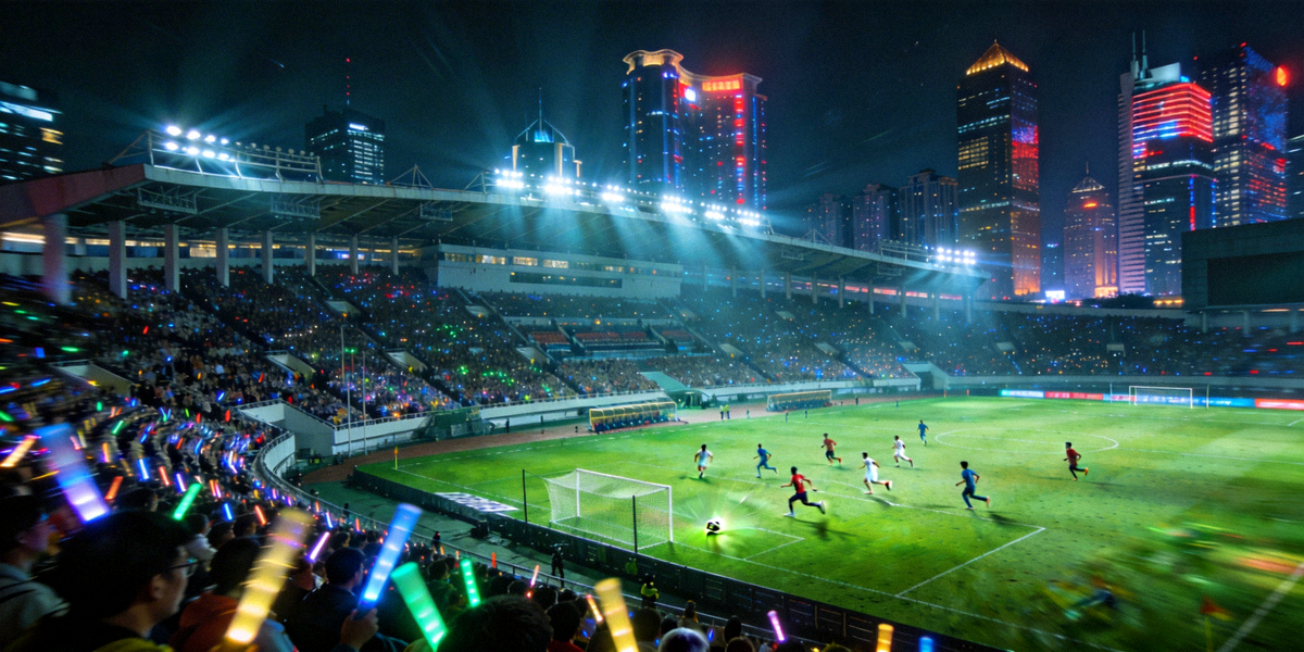 亚洲城市夜景下巨大的足球场正在举行激烈的足球比赛